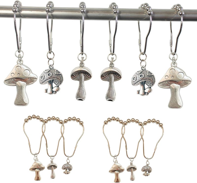 Daxingbu Mushroom Shower Curtain Hooks, 12Pcs Rustproof Metal Cute Retro Mushroom Shower Curtain Hooks Rings for Boho Fairy Forest Country Cottagecore Style Home Bathroom Decor (Silvery) - Image 1